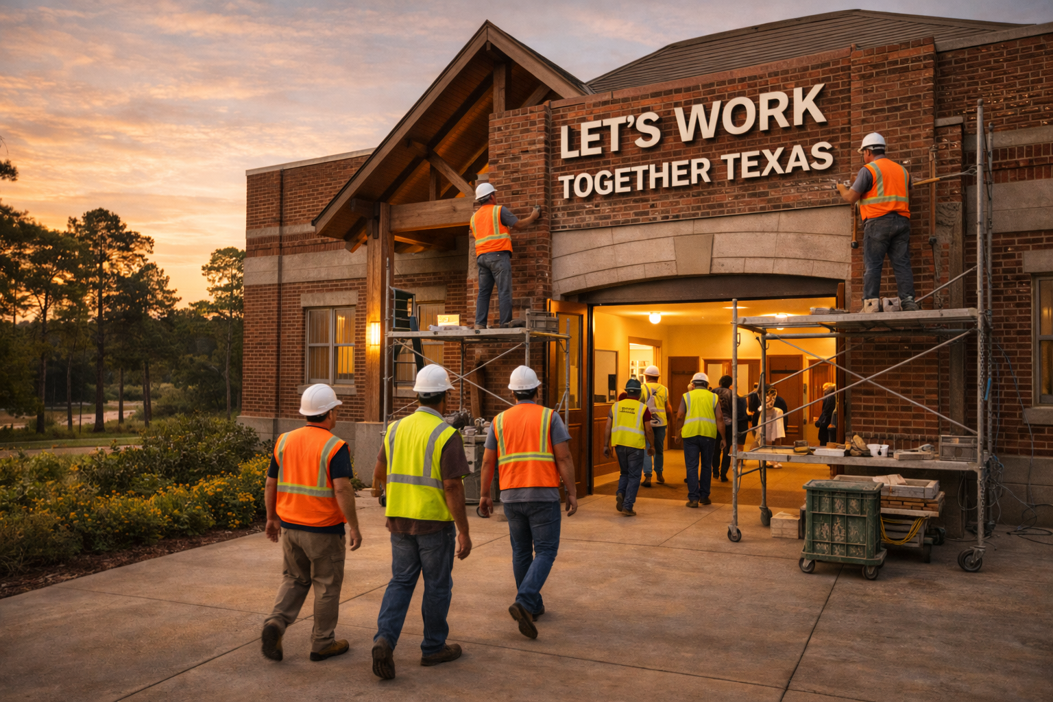 Workers on site remodeling the entrance
