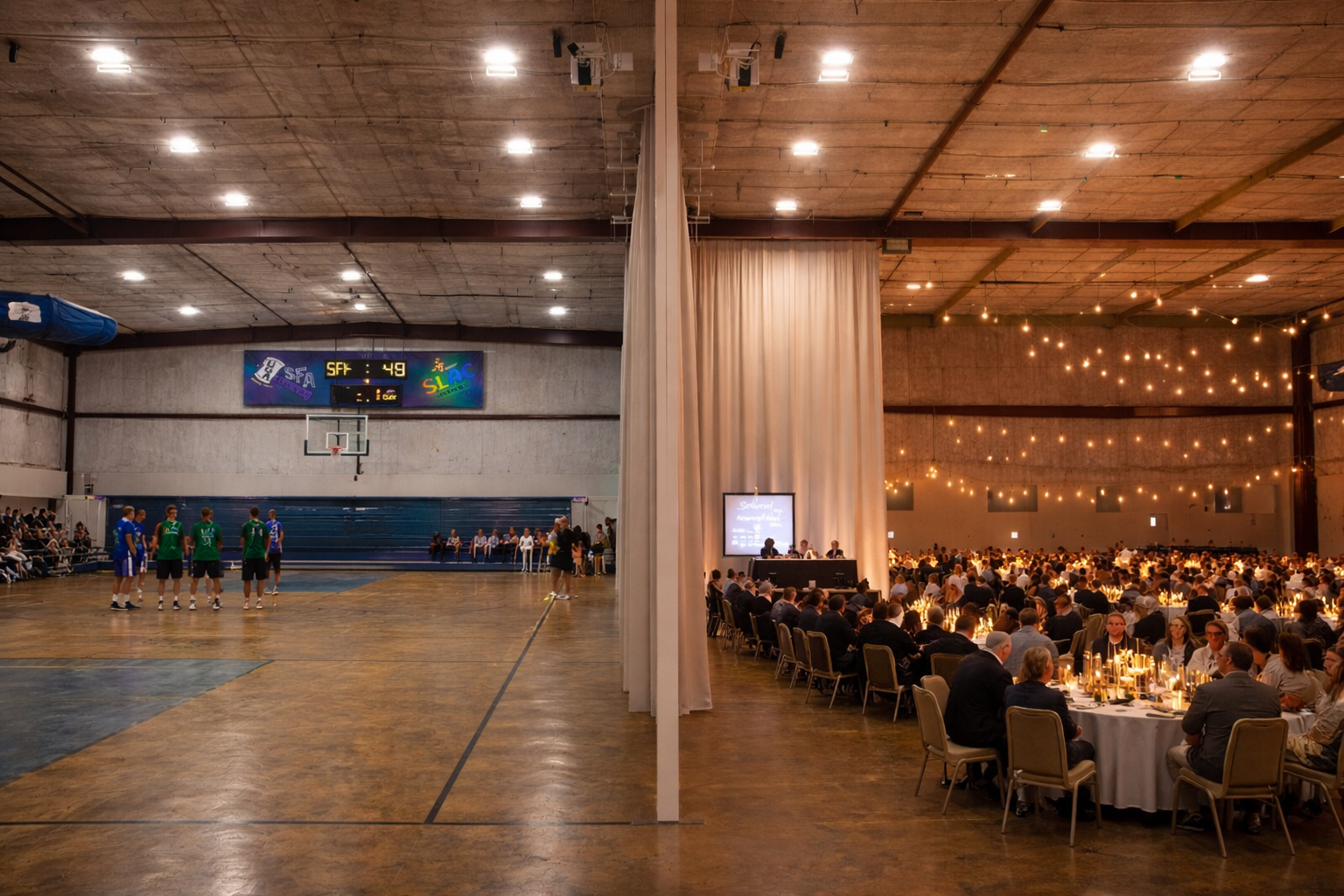 Concept view: divider at half court creating two separate event areas with lowered lighting and hoops raised