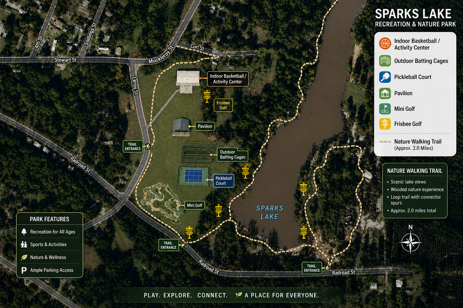 Welcome map of Sparks Lake Activity Center and its surrounding property